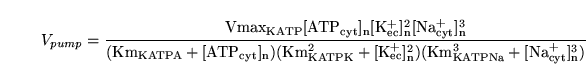 \begin{displaymath}
V_{pump} = \ensuremath{\mathrm{\frac{Vmax_{KATP}[ATP_{cyt}]_...
...KATPK}^2 + [K_{ec}^+]_n^2)(Km_{KATPNa}^3 + [Na_{cyt}^+]_n^3)}}}\end{displaymath}