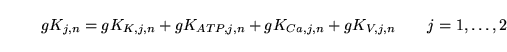 \begin{displaymath}
gK_{j, n} = gK_{K, j, n} + gK_{ATP, j, n} + gK_{Ca, j, n} + gK_{V, j, n}\quad\quad j = 1, \ldots, 2
\end{displaymath}