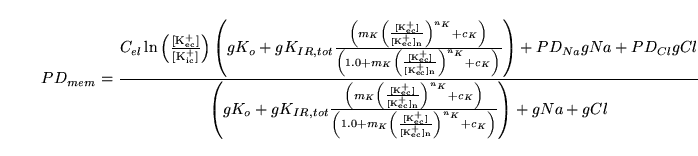 \begin{displaymath}
PD_{mem} = \frac{C_{el}\ln\left(\frac{[\ensuremath{\mathrm{K...
...[K^+_{ec}]_n}}}\right)^{n_K} + c_K\right)}\right) + gNa + gCl}
\end{displaymath}
