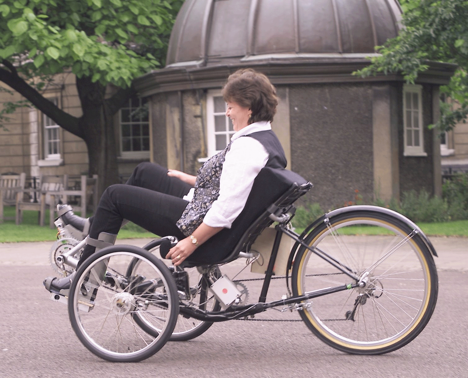 Julie cycling with the implanted stimulator